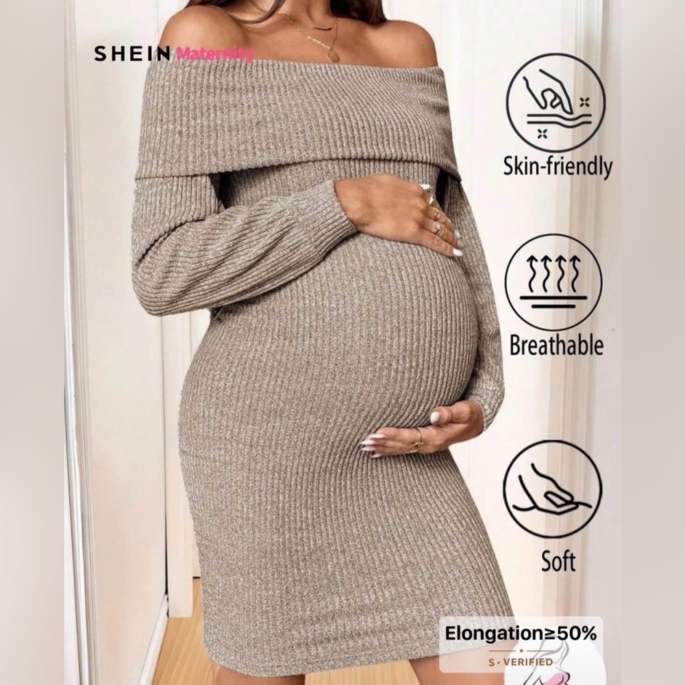 SHEIN Tan Off-Shoulder Maternity Sweater